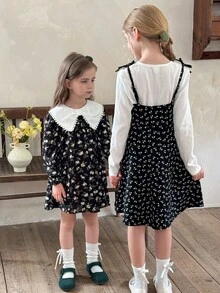 LMoss Kids 2 pièces Ensemble T-shirt col rond en tricot de couleur unie et robe nuisette en tricot à fleurs pour préadolescentes - Multicolore - Voir 2