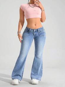 SHEIN ICON Plus Size Women's Retro American Style Blue Versatile Fashion Flared Jeans - Blue - View 6