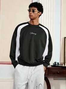 SWAVVY Men's Casual Long Sleeve Pullover Sweatshirt, Black & White Patchwork Graphic Print Crew Neck, For Fall Winter - Black and White - View 1