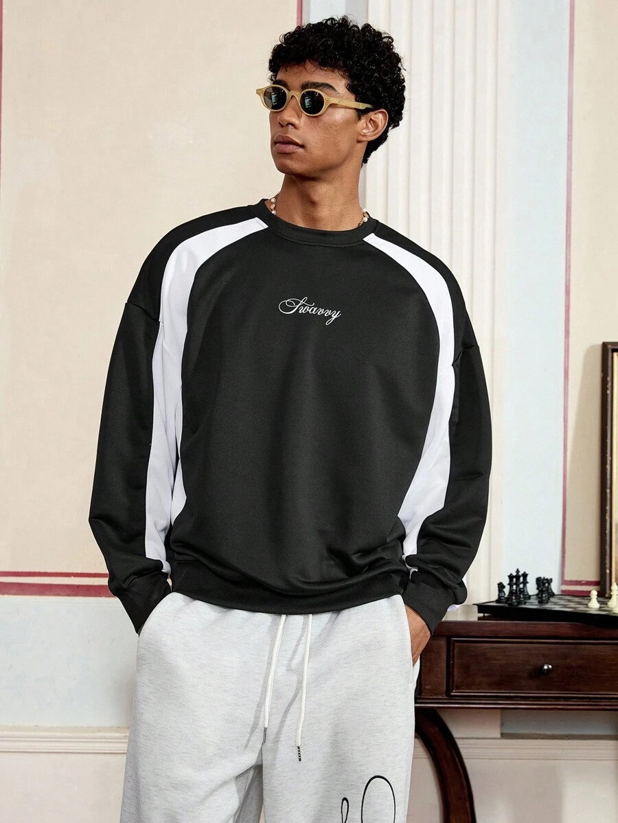 SWAVVY Men's Casual Long Sleeve Pullover Sweatshirt, Black & White Patchwork Graphic Print Crew Neck, For Fall Winter - Black and White - View 1