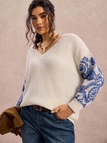 SHEIN VCAY 大码休闲刺绣拼接毛衣，秋冬季女装，大码露肩毛衣，秋季毛衣，仙女风，适合锐舞派对、音乐节、办公室、外出、西部风情等各种场合，大码波西米亚风上衣，秋季百搭单品 - 彩色 - 查看 7