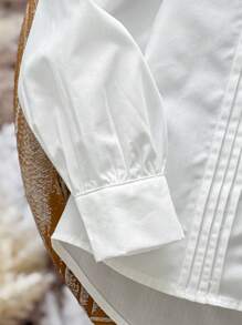 SHEIN 年轻女孩青少年女孩荷叶边领褶皱泡泡袖高低下摆法式衬衫，青少年女孩白色衬衫，可爱荷叶边生菜饰边，白色长袖衬衫纽扣衬衫长袖上衣长袖衬衫，秋冬季，非常适合休闲和日常穿着和学校日常，学院风格，返校 - 白色 - 查看 7