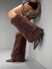 CUCCOO SZL 全新欧美时尚女式仿皮毛细高跟中筒/及膝靴 - 咖啡棕 - 查看 9