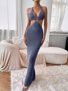 Breezaya Đầm len móc hở lưng khoét lỗ hở tay màu trơn cho nữ - Màu tím - Xem 7