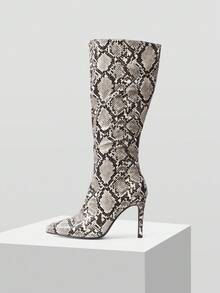 Mnmlis Women's Snake Skin Pointed Toe Fashion Commuting High Heel Boots For Christmas - Black and White - View 1