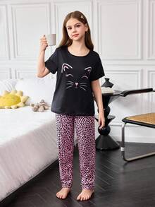 少女粉色小猫短袖上衣和豹纹裤睡衣套装 - 粉色 - 查看 3