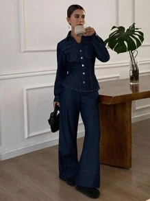 Livesso Höst/Vinter Nytt Löst Casual Urban Stil Dam Denim 2-delat Set - Blå - Visa 6