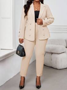 SHEIN Lady 秋冬优雅红色针织翻领纽扣长袖加大码仿皮草外套情人节新年女装 - 卡其色 - 查看 6