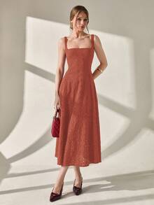 CLARA VERO Elegant Solid Color Hollow Embroidery Sleeveless Dress, Summer - Burnt Orange - View 3