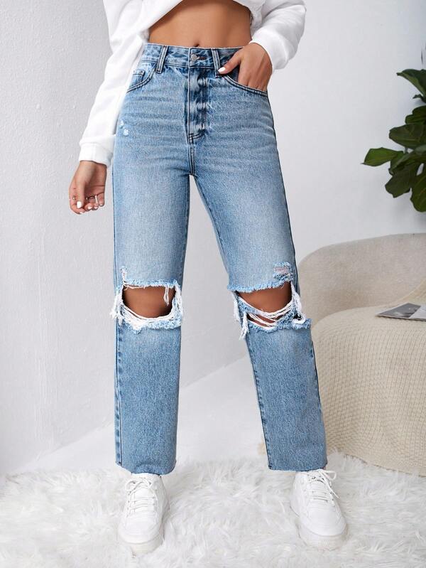 EURMUSE Y2k Ripped Raw Cut Straight Leg Jeans