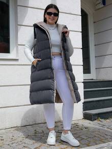 EURMUSE Plus Size Zip Up Drawstring Hooded Puffer Vest Coat - Dark Grey - View 5