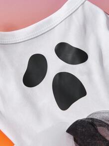 1pc Cartoon Scary Face Print White Mesh Patchwork Halloween Pumpkin Cute Cap Sleeve Dog Dress, Suitable For Cats And Dogs, For Halloween Party, PETSIN Original Design - Multicolor - View 5