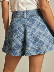 WESTFADE 中腰纽扣前西部接缝 A 字格子交叉提花牛仔迷你裙 - 中等水洗藍 - 查看 2