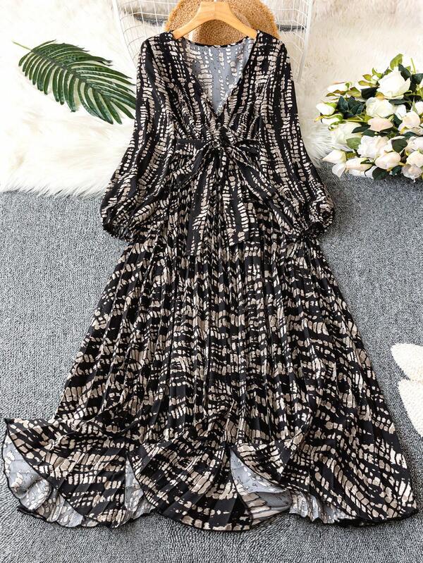 DreamSkyne Vestido de mujer talla grande con cuello en V, mangas de farol plisadas y cintura ceñida, para otoño/invierno