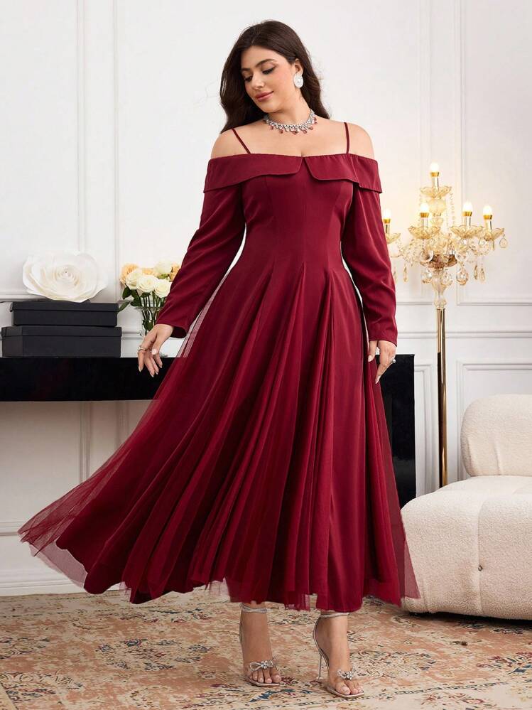 Modelyn Plus Size Elegant Solid Color Off-Shoulder Spaghetti Strap Mesh Patchwork Dress - Burgundy - View 7