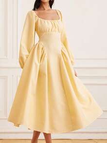 Chiquease Váy xòe tay đèn lồng phong cách Pháp thanh lịch, cổ vuông, eo thon, thiết kế ôm sát, thanh lịch, đa năng - Vàng nhạt - Xem 1