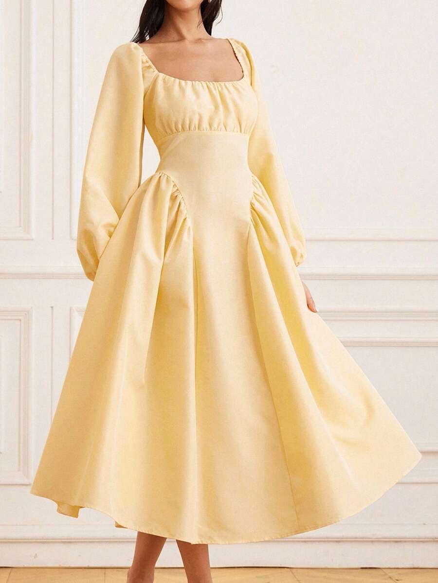 Chiquease Váy xòe tay đèn lồng phong cách Pháp thanh lịch, cổ vuông, eo thon, thiết kế ôm sát, thanh lịch, đa năng - Vàng nhạt - Xem 1