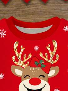 SHEIN 女婴圣诞节可爱卡通驯鹿和雪人印花，休闲宽松红色节日圆领柔软针织毛衣和裤子套装，适合秋冬季圣诞节 - 彩色 - 查看 4