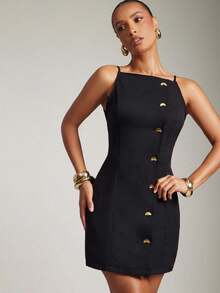 Hauture Váy ngắn cổ thuyền công sở mùa hè gợi cảm có nút vàng - màu đen - Xem 1