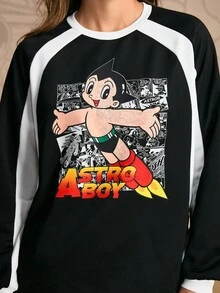 Astro Boy X SHEIN Sudadera casual de uso diario con mangas raglán, estampado de dibujos animados y contraste de color para mujer - Negro - Ver 7
