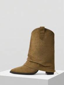 Mnmlis Women's Fashionable Khaki Retro Western Style Suede Zipper Tall Boots