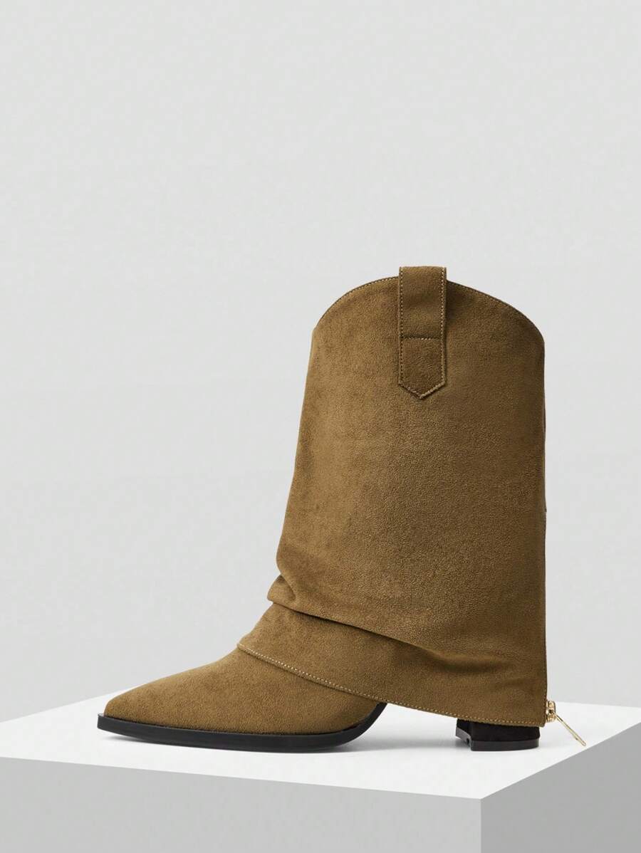 Mnmlis Women's Fashionable Khaki Retro Western Style Suede Zipper Tall Boots