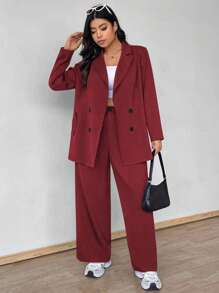 Vionelle Bộ đồ vest thường ngày tay dài cài hai hàng khuy màu trơn cho nữ cỡ lớn - Màu Đỏ Sâu - Xem 3