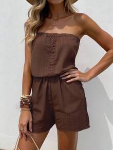 Breezaya 2pcs Vacation Casual Solid Color Bandeau Top And Shorts Set - Chocolate Brown - View 6