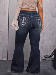 Jeanoix Quần jean ống loe thêu hoa cỡ lớn dành cho nữ - Màu xanh lam - Xem 2