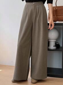 DAZY 女式人字纹羊毛阔腿裤，宽松口袋，秋季休闲街头风格长裤 - 棕色 - 查看 3