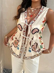 SHEIN PETITE CURVE 大码花卉印花系带吊带背心，休闲度假装 - 杏色 - 查看 5