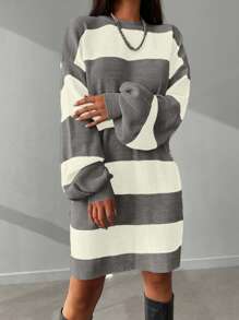 Women's Striped Sweater Dress With Drop Shoulder - Grey - View 6