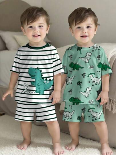 SHEIN 2pcs/Set Baby Boy Loose Casual Pajamas Set, Suitable For Summer Toddler Boy Pajamas Boys Dinosaur Pajamas Boys Summer Pajamas Dinosaur Clothes Toddler Boy Sleepwear