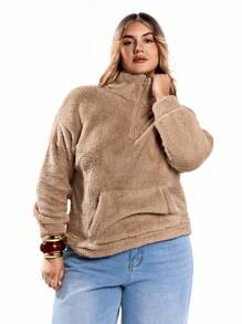 Solavibe Sudadera con media cremallera, bolsillos y manga larga de unicolor para talla grande, para invierno - Camel - Ver 7
