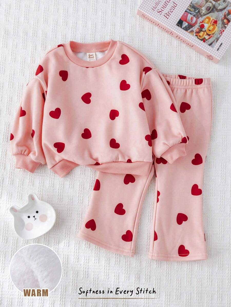 Cozy Pixies 2 件套女婴心形图案针织柔软圆领长袖运动衫和松紧腰喇叭裤套装 - 彩色 - 查看 1