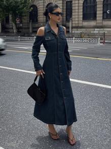 DAZY 女士休闲露肩洗水牛仔连衣裙，秋季女装