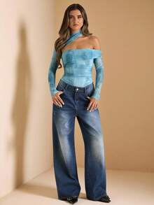 SHEIN BAE Bộ đồ liền thân dài tay lệch vai họa tiết nhuộm màu xanh lam dành cho nữ, bộ đồ liền thân thanh lịch, thích hợp mặc nhiều lớp và đi chơi vào mùa thu/đông - Màu xanh lam - Xem 2