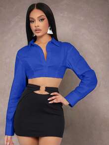 EURMUSE Fashionable Commuter Solid Color Long Sleeve Super Short Shirt - Royal Blue - View 6