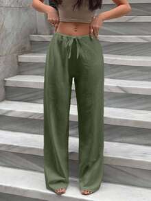 EURMUSE ELASTICAL WAIST DRAWSTRING STRAIGHT LEG PANT - Army Green - View 1