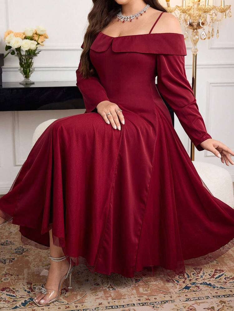 Modelyn Plus Size Elegant Solid Color Off-Shoulder Spaghetti Strap Mesh Patchwork Dress - Burgundy - View 4