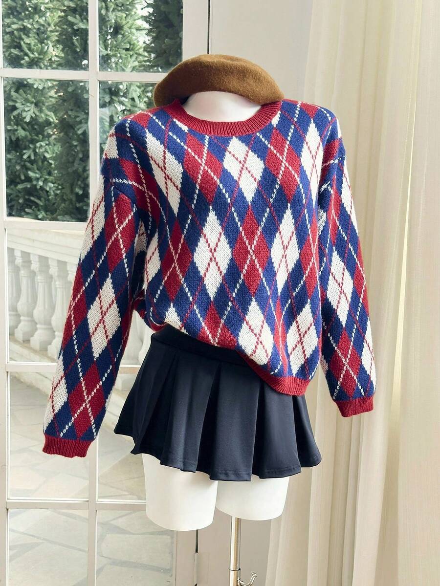 Skyraze Argyle Pattern Drop Shoulder Sweater In Fall/Winter