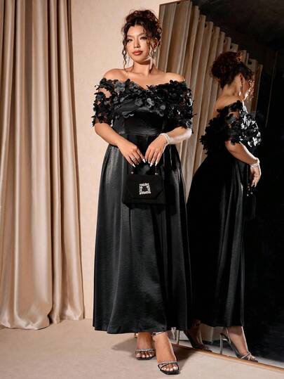 Cravure 大码女式露肩长裙，3D花卉网眼缎面闪亮超长派对礼服