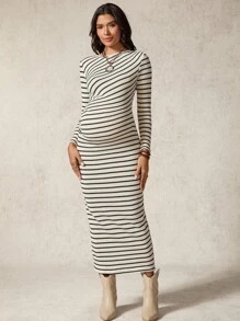 SHEIN 孕妇条纹圆领长袖修身优雅连衣裙 - 黑與白 - 查看 5