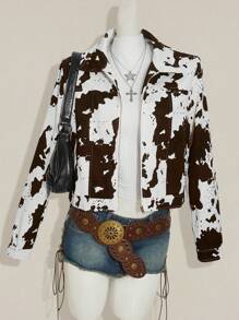 SHEIN ICON Fall/Winter Women's Western Boho Cow Print Zip Front Cropped Long Sleeve Jacket - Multicolor - View 6