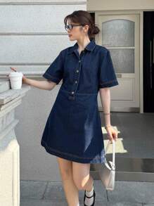 K-Vae 女式秋季深牛仔蓝底原创牛仔短裙，纽扣半襟休闲衬衫牛仔裙，女式秋季服装，返校节服装，外出服装，老款服装 - 中等水洗藍 - 查看 3