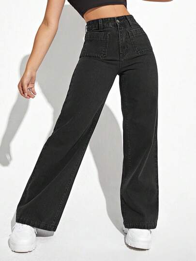 SHEIN ICON 大码女式黑色无弹力阔腿牛仔裤