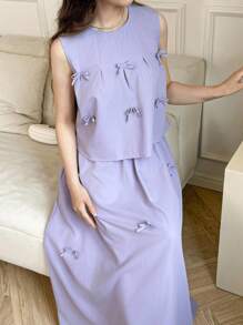 SHEIN Teen Girl Bow Decor Camisole & Mini Skirt Set - Violet Purple - View 6