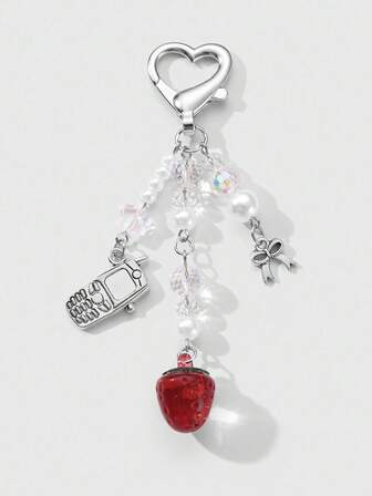 Kawaii 1pc Y2K Chic Versatile High-End Faux Pearl & Crystal Beaded Mini Phone, Star, Bow, Red Resin Strawberry DIY Keychain Bag Charm, Suitable For Women, Daily Wear, Holiday Gift