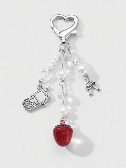 Kawaii 1pc Y2K Chic Versatile High-End Faux Pearl & Crystal Beaded Mini Phone, Star, Bow, Red Resin Strawberry DIY Keychain Bag Charm, Suitable For Women, Daily Wear, Holiday Gift