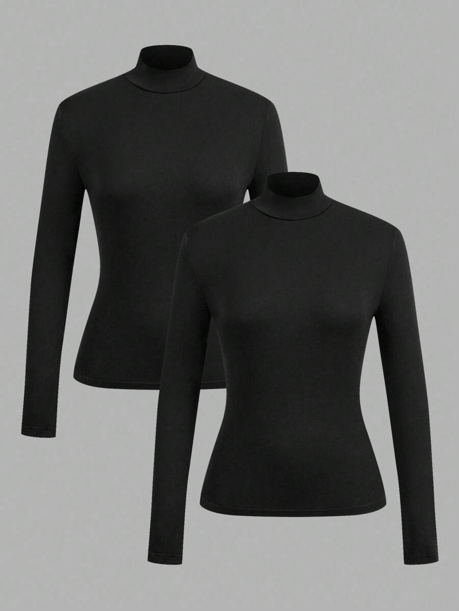 SHEIN EZwear 2 件女式高领紧身长袖打底 T 恤套装，适合秋冬季 - 黑色 - 查看 1